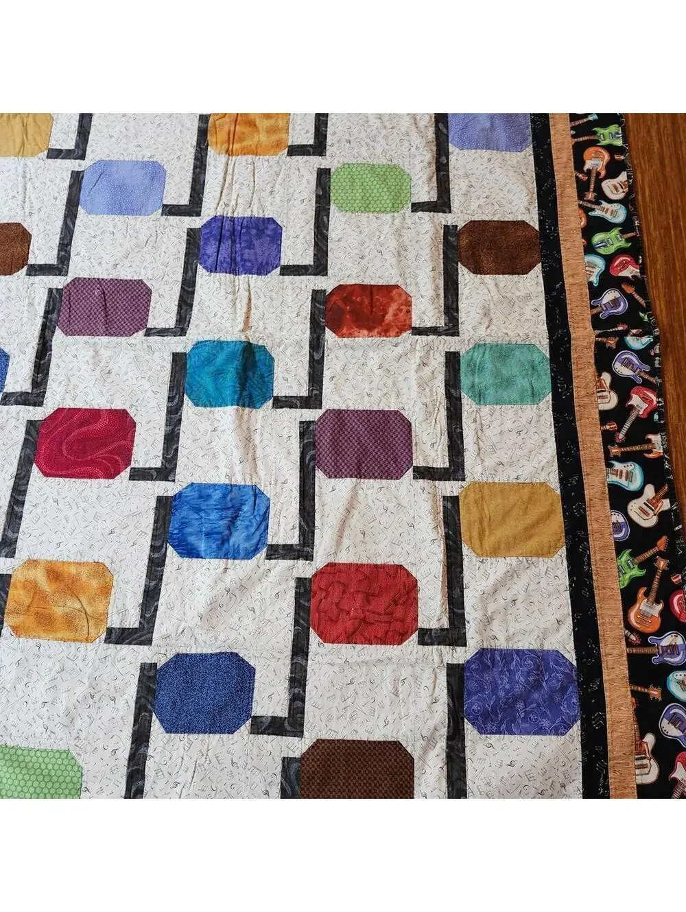 Colorful Handmade Quilt with Musical Guitar Border 60 x 86 Inch